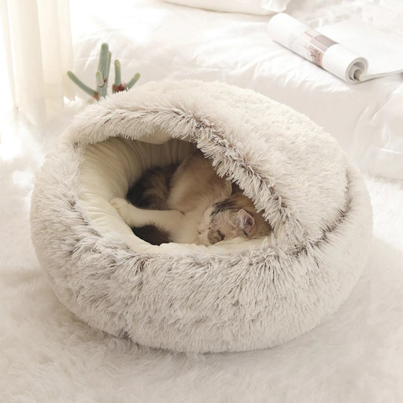 Soft Plush Round Cat Bed with Cover – Warm Pet Cave Nest for Cats & Small Dogs