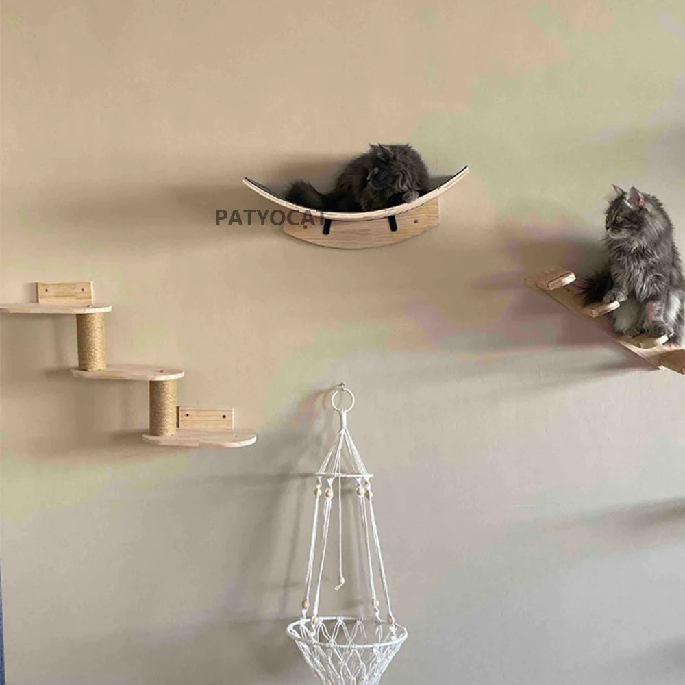 Wall Mounted Cat Climbing Shelves Set – Cat House, Bridge, Hammock with Scratching Post & Steps for Indoor Cats
