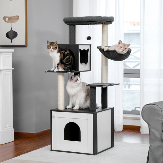 Cat Tree with Litter Box Enclosure – Large Wooden Cat Tower with Storage Cabinet, Cozy Condo & Sisal Scratching Posts
