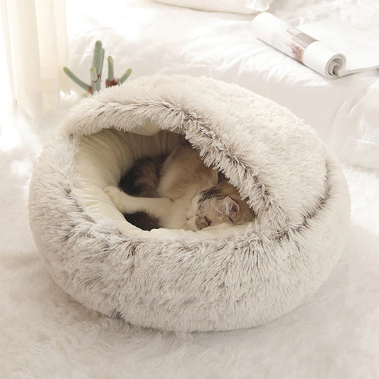 Soft Plush Round Cat Bed with Cover – Warm Pet Cave Nest for Cats & Small Dogs