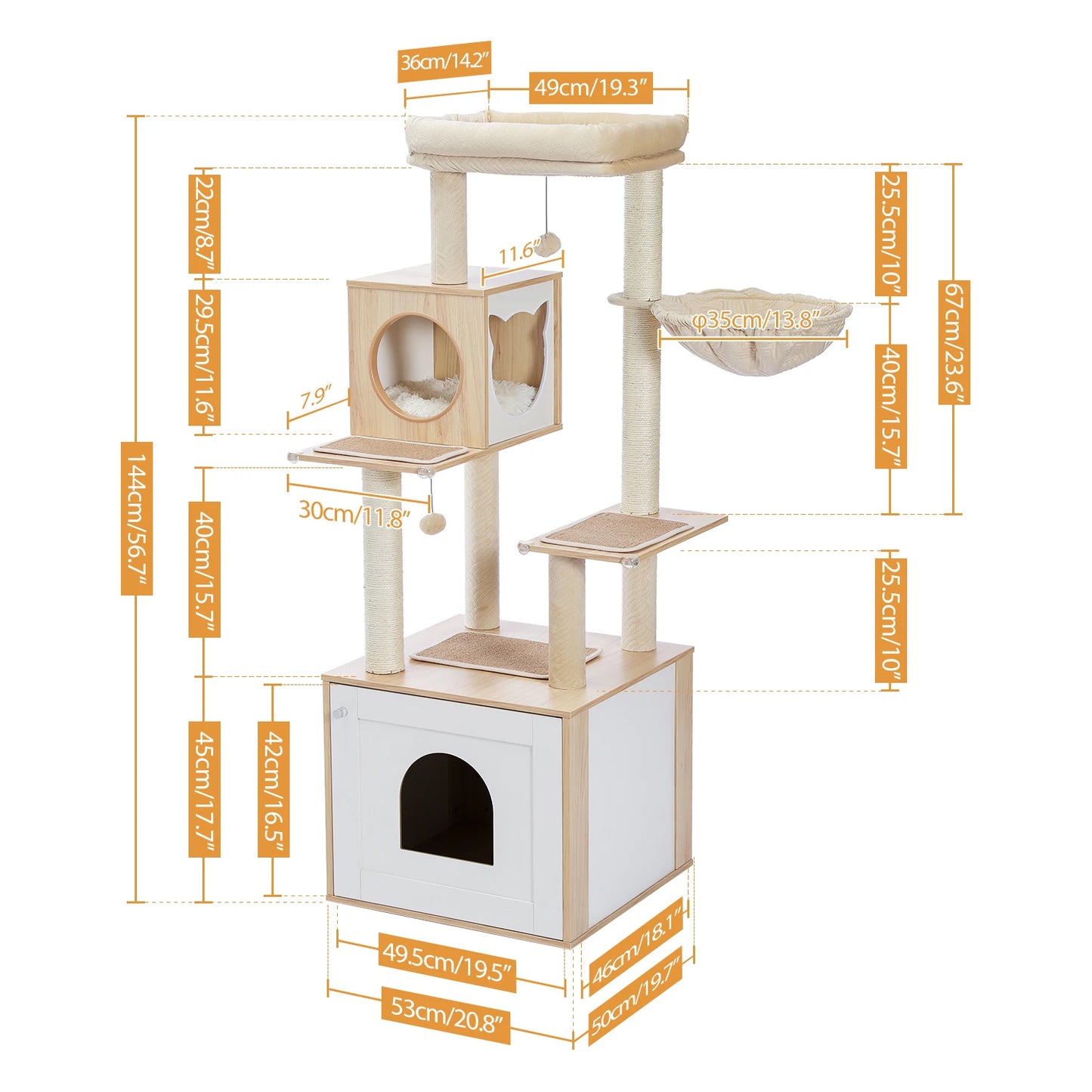 Cat Tree with Litter Box Enclosure – Large Wooden Cat Tower with Storage Cabinet, Cozy Condo & Sisal Scratching Posts