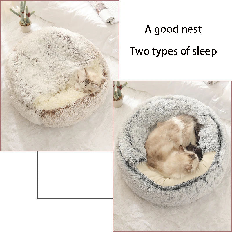 Soft Plush Round Cat Bed with Cover – Warm Pet Cave Nest for Cats & Small Dogs