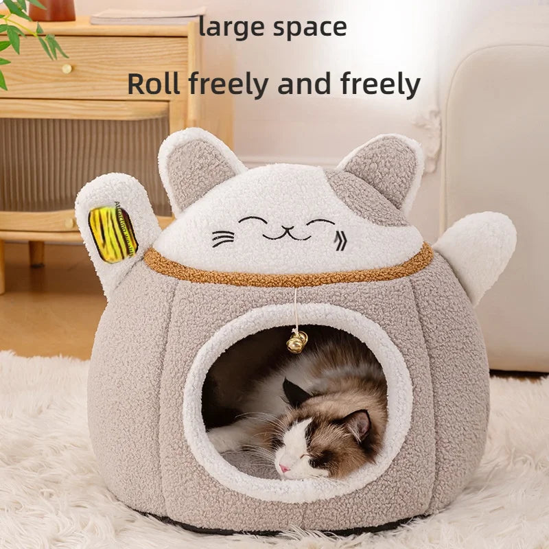Lucky Fortune Cat Pet Bed – Semi-Open Fleece Winter Warm Bed for Cats & Dogs