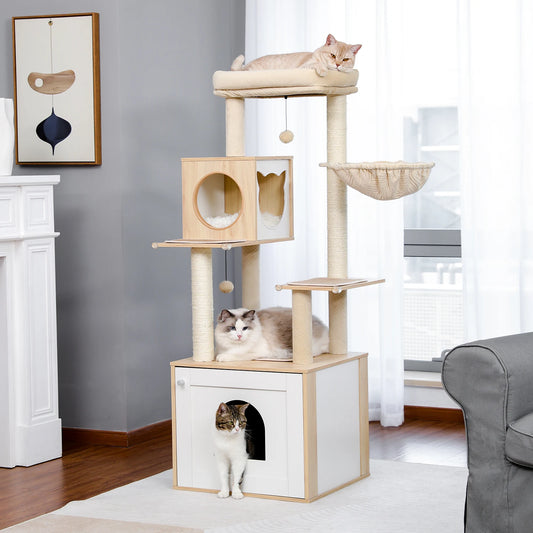 Cat Tree with Litter Box Enclosure – Large Wooden Cat Tower with Storage Cabinet, Cozy Condo & Sisal Scratching Posts