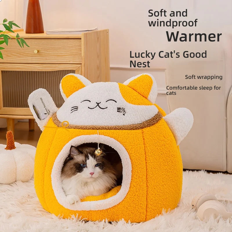 Lucky Fortune Cat Pet Bed – Semi-Open Fleece Winter Warm Bed for Cats & Dogs