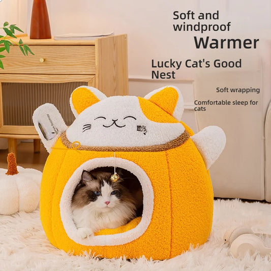 Lucky Fortune Cat Pet Bed – Semi-Open Fleece Winter Warm Bed for Cats & Dogs